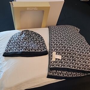 Michael Kors Monogram Black and Gray Beanie and Scarf Set